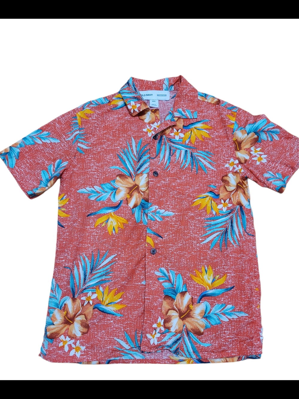 Old Navy Red Floral Camp Shirt with Blue and Yellow Accents